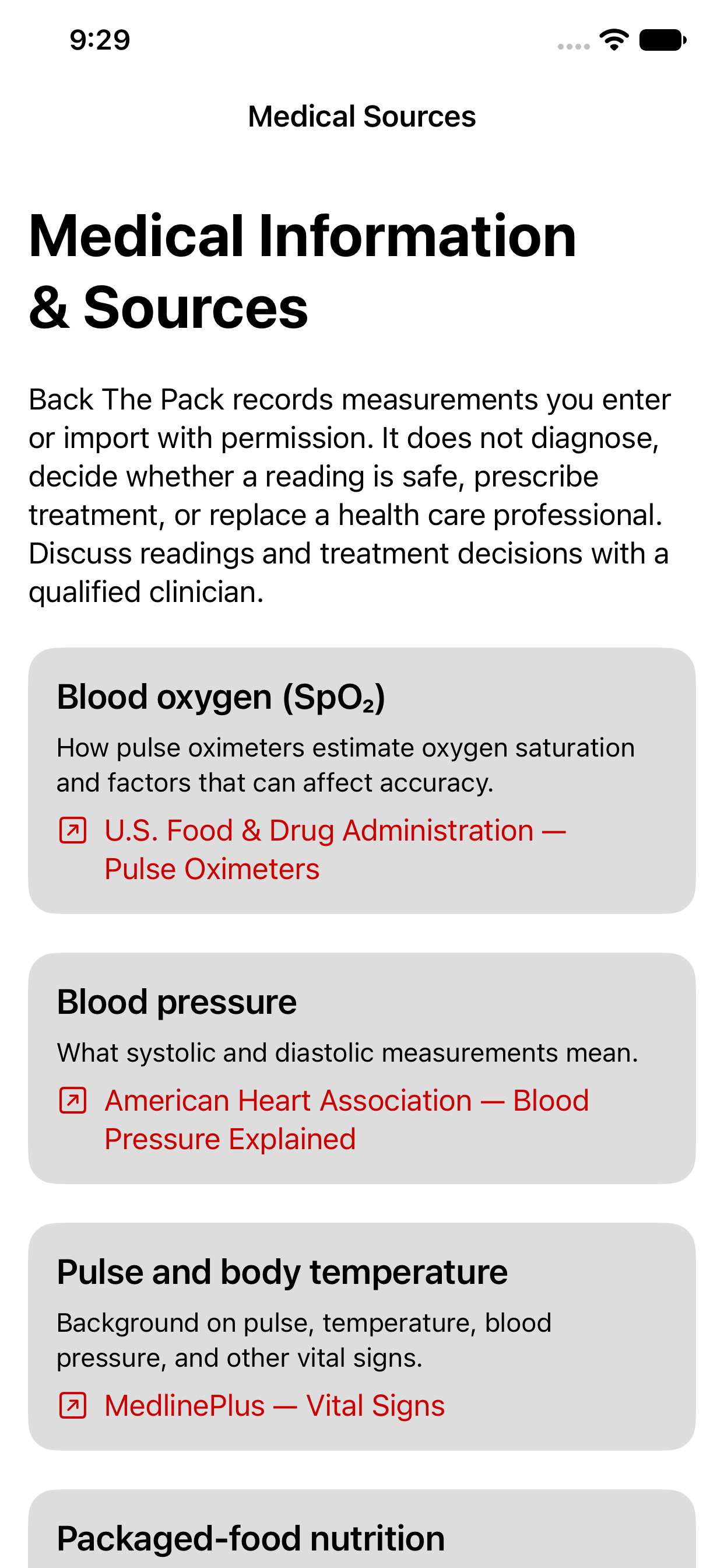 Back The Pack medical information and sources screen