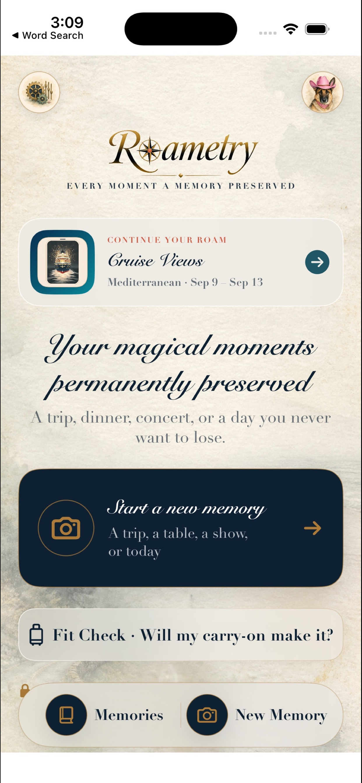 Roametry memories home screen